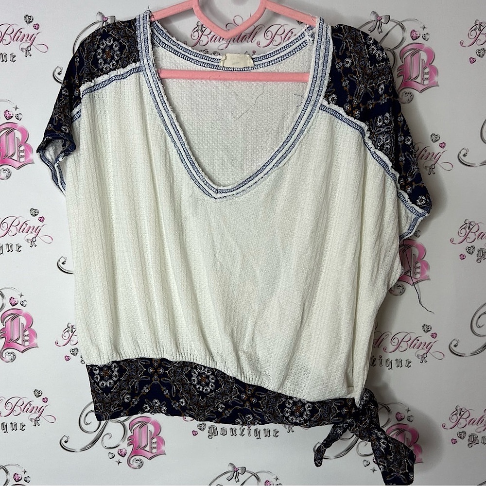 Hummingbird Cream and White Tie Front Blouse floral distressed boho